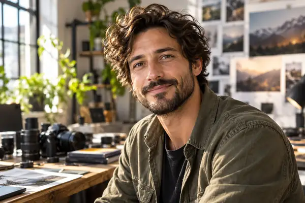 A candid head-and-shoulders portrait of a photographer in a bright creative workspace.