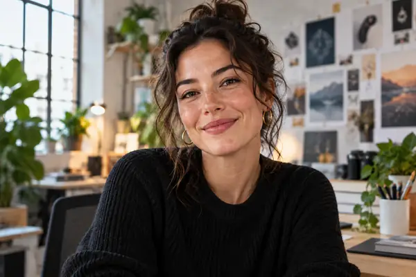 A friendly head-and-shoulders portrait of a graphic designer in a contemporary studio.