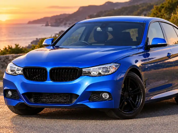 A blue car photographed with softened exterior details.
