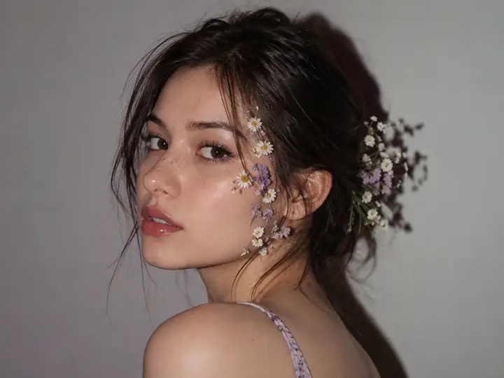 A clear close-up portrait with small flowers beside the subject's face.