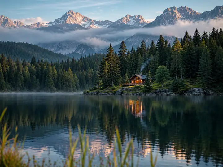 A mountain lake and pine forest with softly focused foliage and reflections.