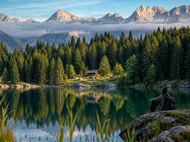 A mountain lake and pine forest with clearer foliage and reflections.