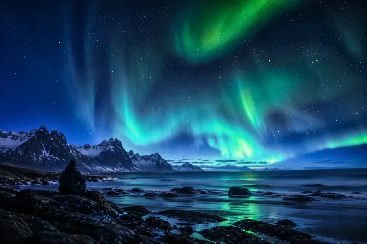 Northern lights above a shoreline with softly focused landscape details.