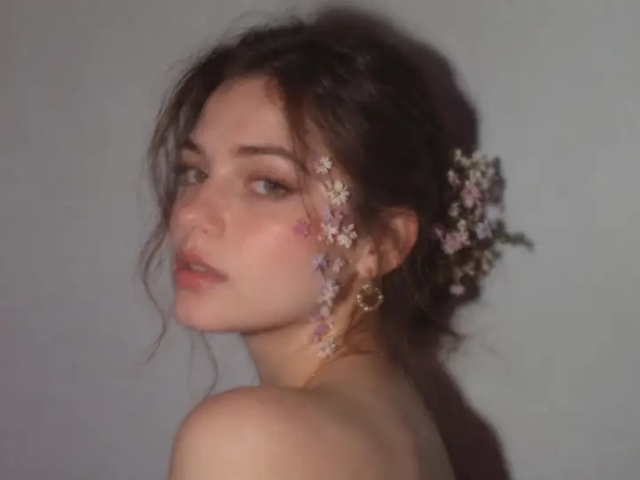 The same flower-adorned portrait shown with softer, blurred details.