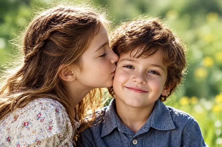 Two children together outdoors in a softly detailed photograph.