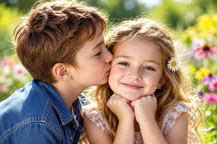 Two children together outdoors in a bright, clearly detailed photograph.