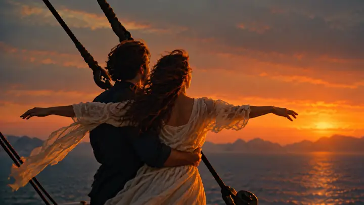 Two people standing at the bow of a ship at sunset in a softer image.