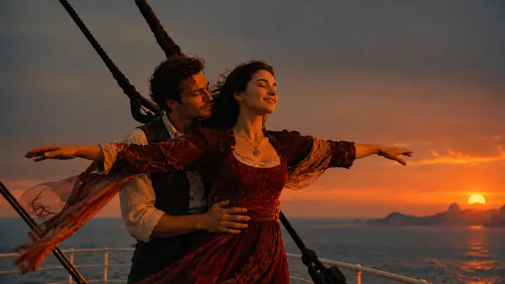 Two people standing at the bow of a ship at sunset with defined clothing and faces.