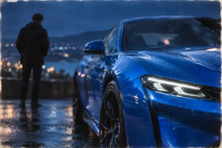 Blue car pictured with softened edges